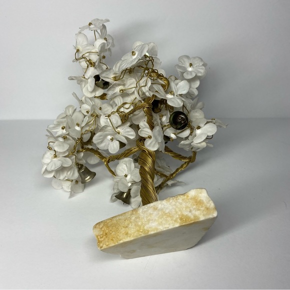 Vintage Marble Base Hand Made Wire Flower Tree Sculpture Bells Art Prosperity - Picture 5 of 6